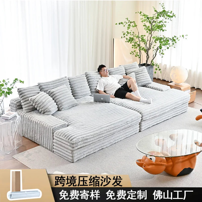 Modern Vacuum Compressed Sofa Plush Corduroy Sectional Sofa, Living Room Bedroom Recliner Lazy Combination Sofa Bed