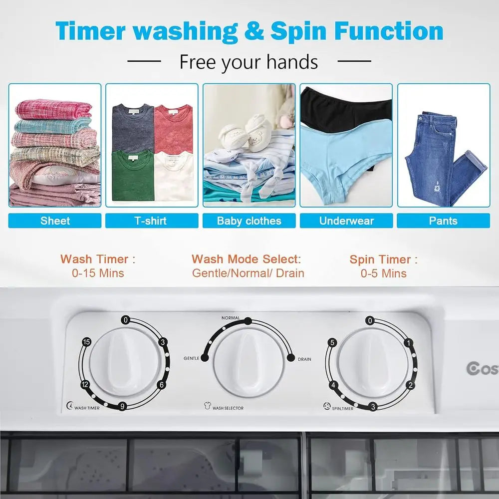 Compact Twin-Tub Portable Washing Machine - 21Lbs Capacity with Washer and Spinner, Built-in Drain Pump, Ideal for RV and Apartm