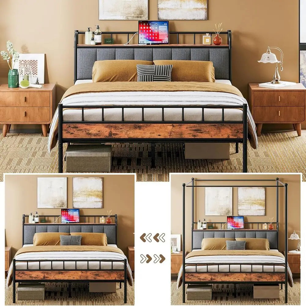 LIKIMIO Canopy Bed Frame Queen, Storage Headboard with Charging Station, Platform Bed with 4 Removable Sturdy Posts,