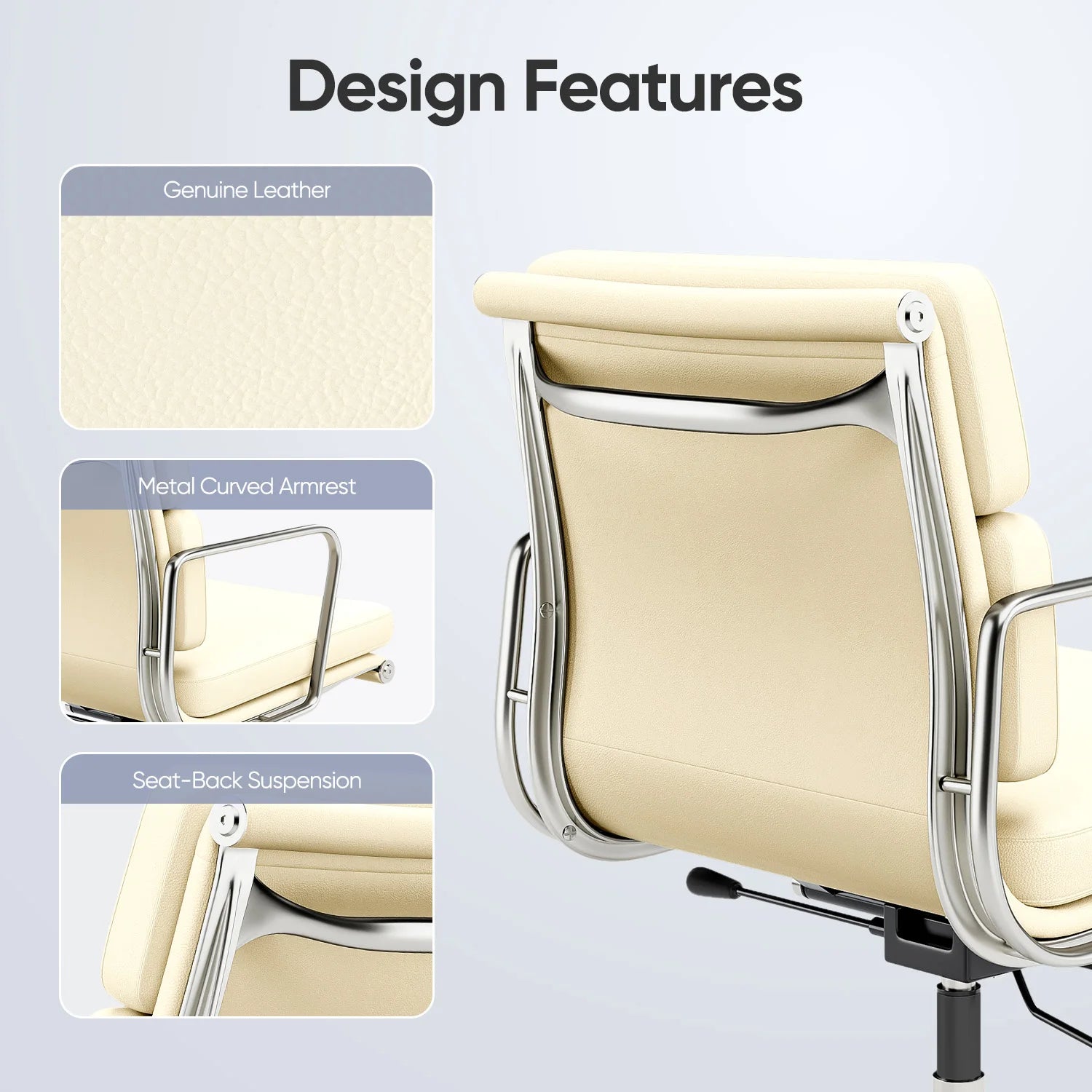 Mid Back White Soft Pad Office Chair Genuine Leather Executive Desk with Lumbar Support Ergonomic Computer Chair