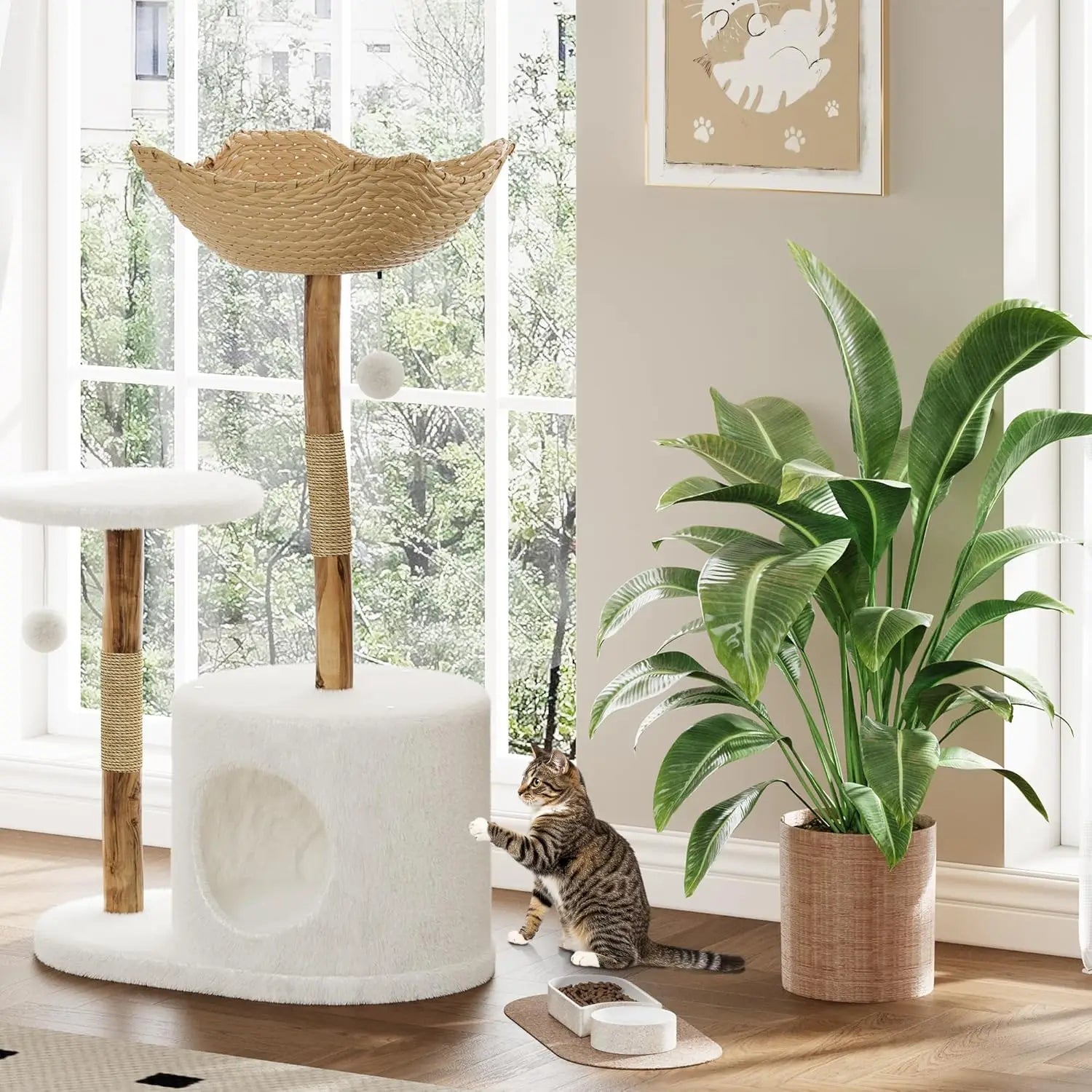 43 Inch Wooden Cat Tree Tower with Rattan, Large Cat Climbing Furniture, Multi-Level Activity Center with Perches,
