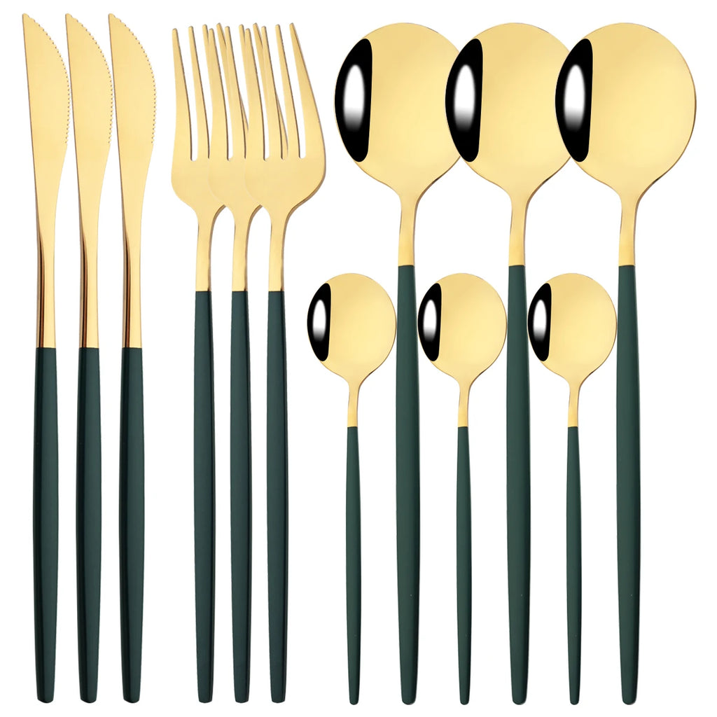 12pcs Black Gold Dinnerware Set Stainless Steel Tableware Knife Fork Coffee Spoon Teaspoons Cutlery Set Party Kitchen Flatware