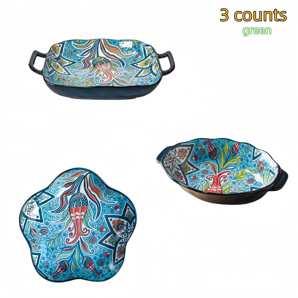 Bohemian ceramic plate set, double-eared fish plate, household steamed fish plate, high-value salad plate, cooking plate