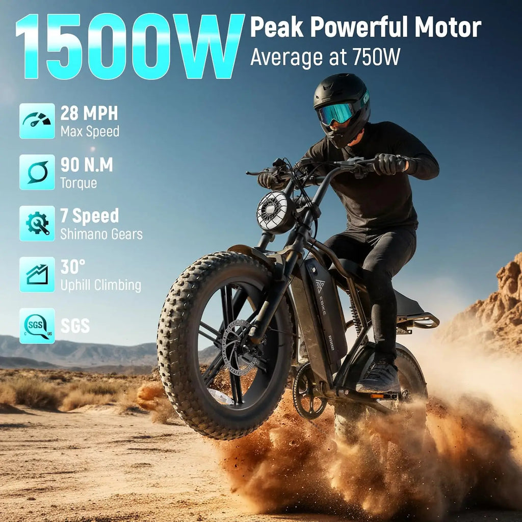 TST Electric Bike for Adults 1500W Peak 20" Fat Tire All-Terrain E-Bike 60 Miles Electric Dirt Bike - 48V 15 AH Battery,
