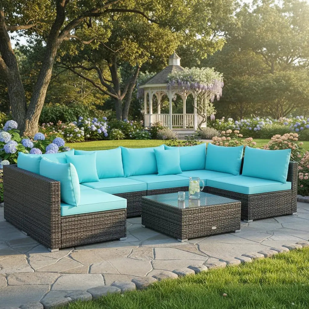 7 Pieces Wicker Patio Furniture Set, All-Weather Outdoor Rattan Sectional Sofa Set with Cushions & Tempered Glass,