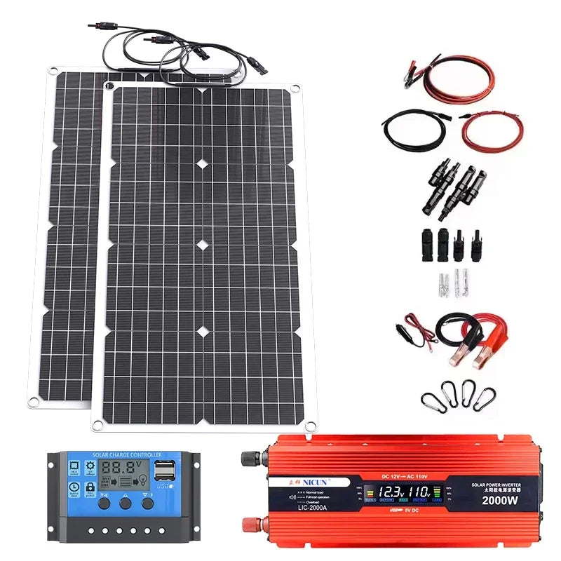 2000W Off-Grid Solar Complete Kit Power 100A Controller,110V 220V Inverter&10AH 30AH LiFePO4 Battery
