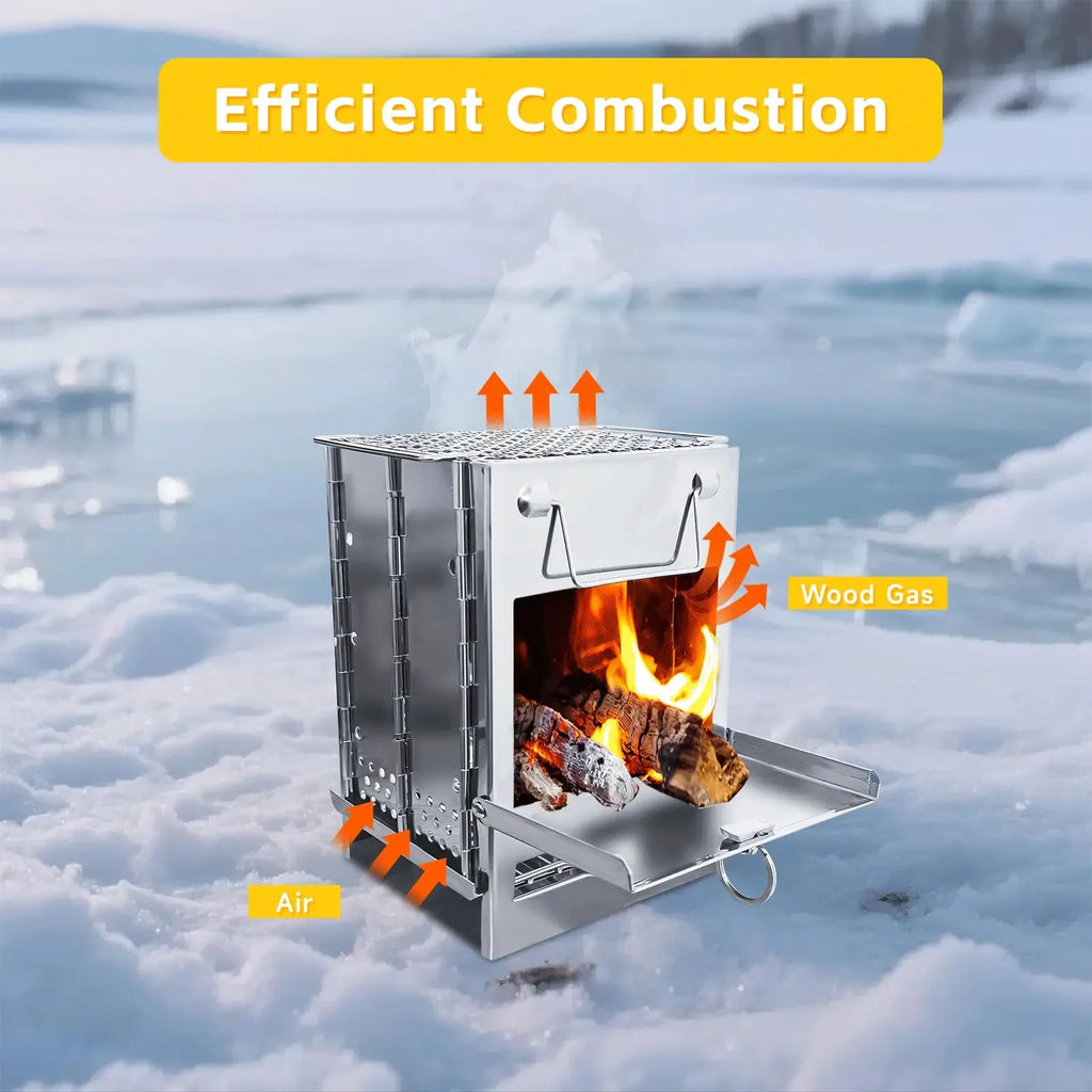 Wood Burning Folding Camp Stove, Stainless Steel Grid,