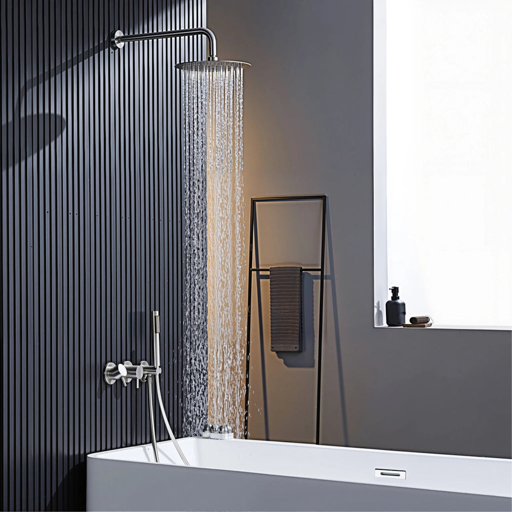 Luxury brass gun gray wall mounted shower head system with minimalist design, dual handle hot and cold water bathroom faucet