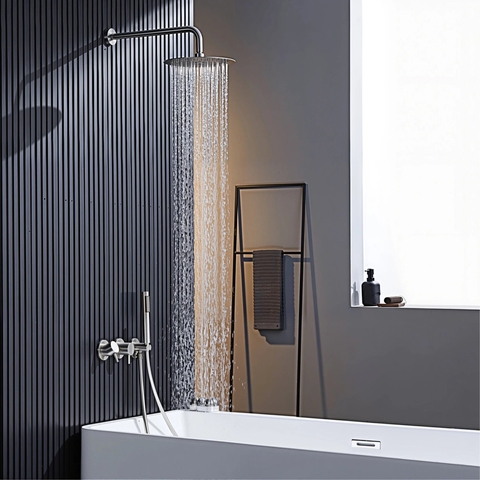 Luxury brass gun gray wall mounted shower head system with minimalist design, dual handle hot and cold water bathroom faucet