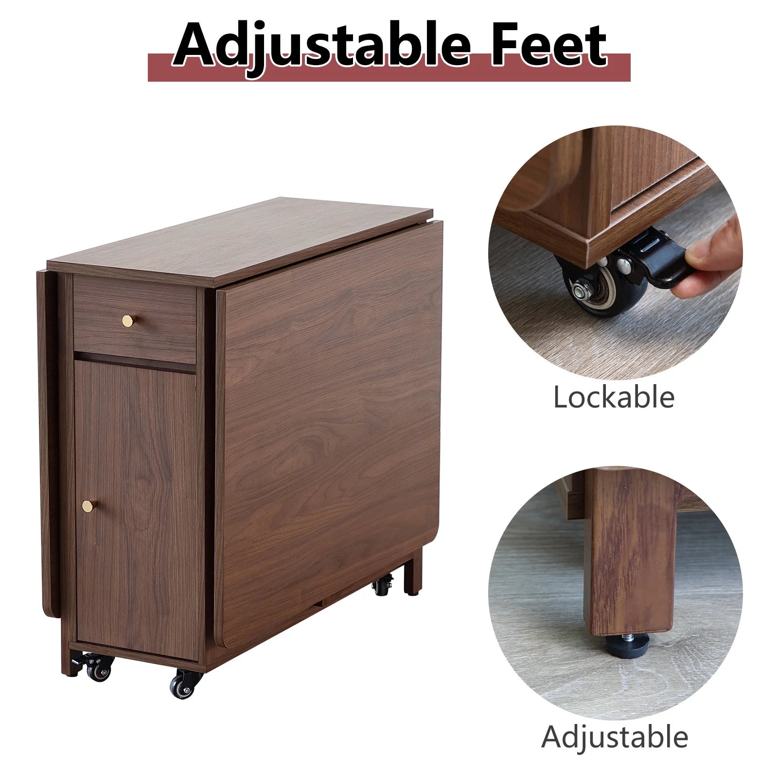 Folding Dining Table and Chairs, with 2 Drawers and 4 Wheels, Space Saving Table