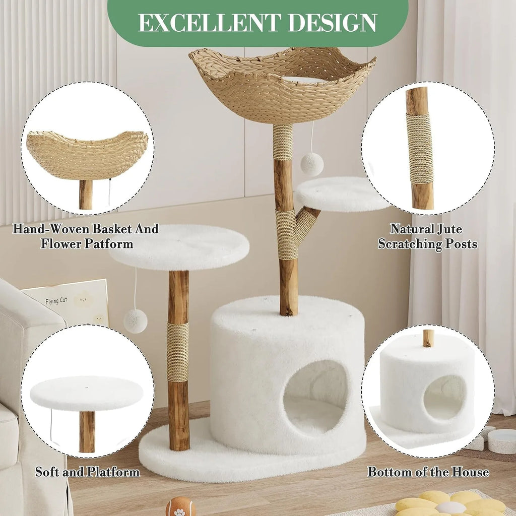 43 Inch Wooden Cat Tree Tower with Rattan, Large Cat Climbing Furniture, Multi-Level Activity Center with Perches,