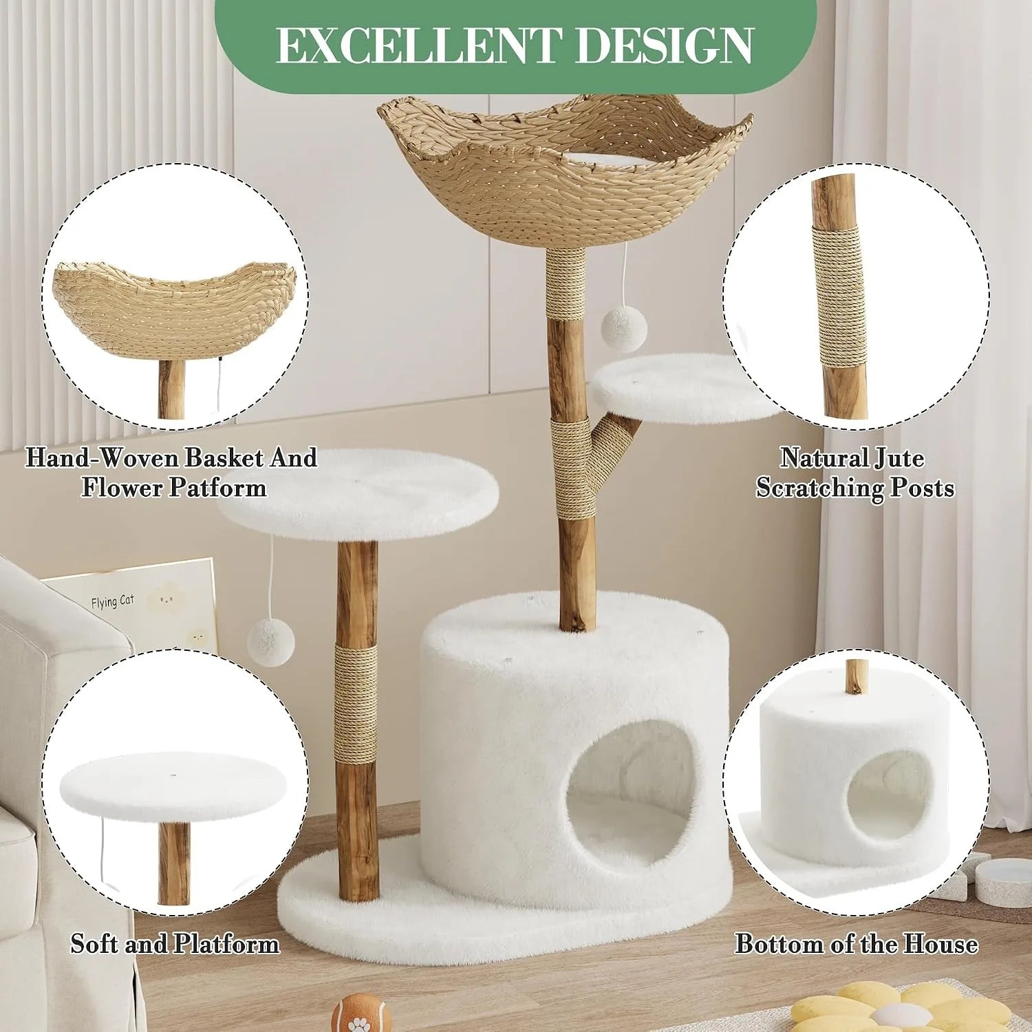43 Inch Wooden Cat Tree Tower with Rattan, Large Cat Climbing Furniture, Multi-Level Activity Center with Perches,
