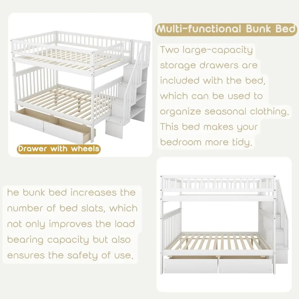 White Wooden Full- size Bunk Beds with Desks, Stairs, and Storage