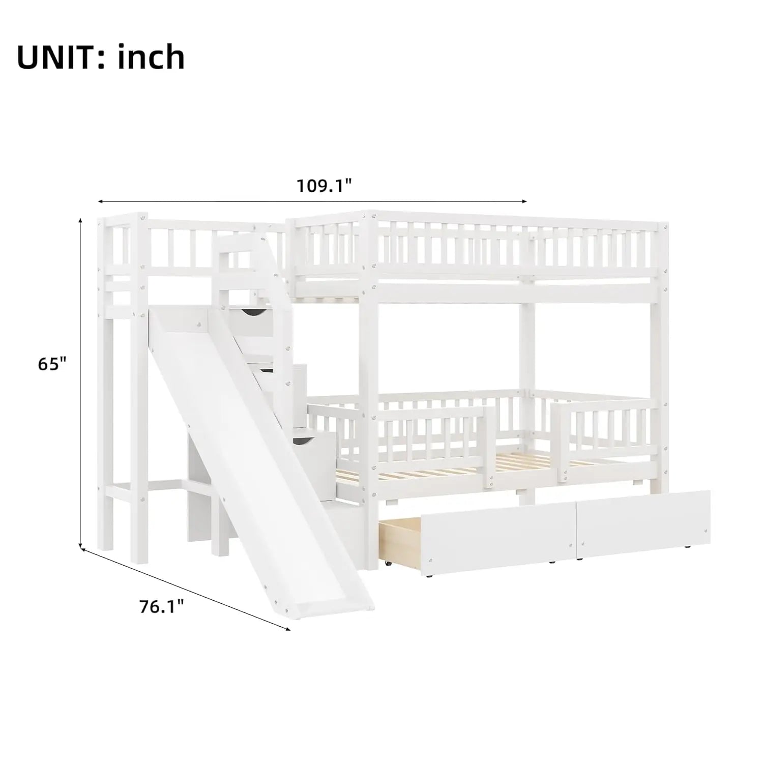 Twin Over Twin Bunk Bed with Slide, Storage Drawers & Staircase, Solid Pine Wood Frame, No Box Spring Needed, Kids, Customized
