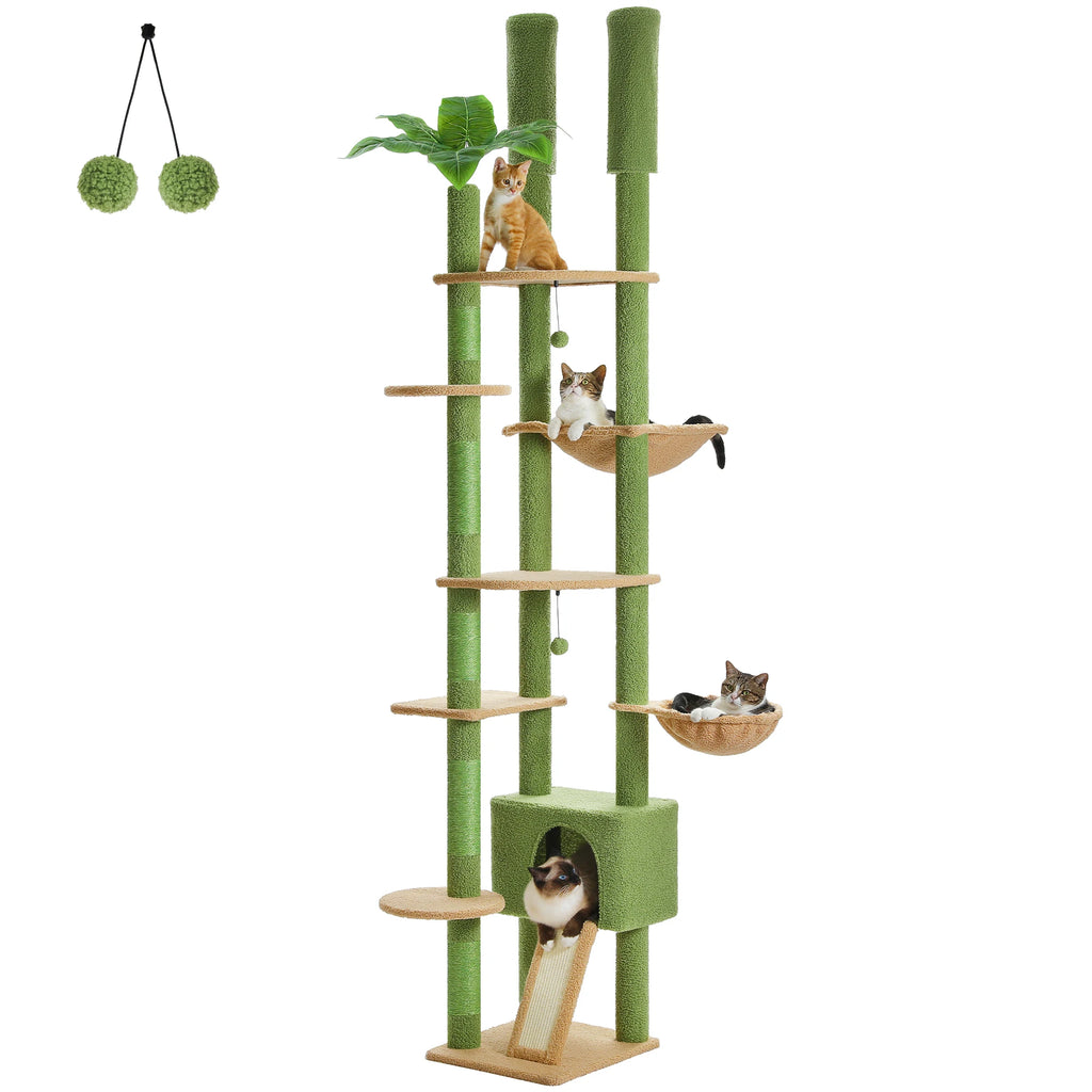 Height Adjustable Wooden Cat Tree with Large Hammock Sisal Scratching Posts, Floor to Ceiling Cat Tower