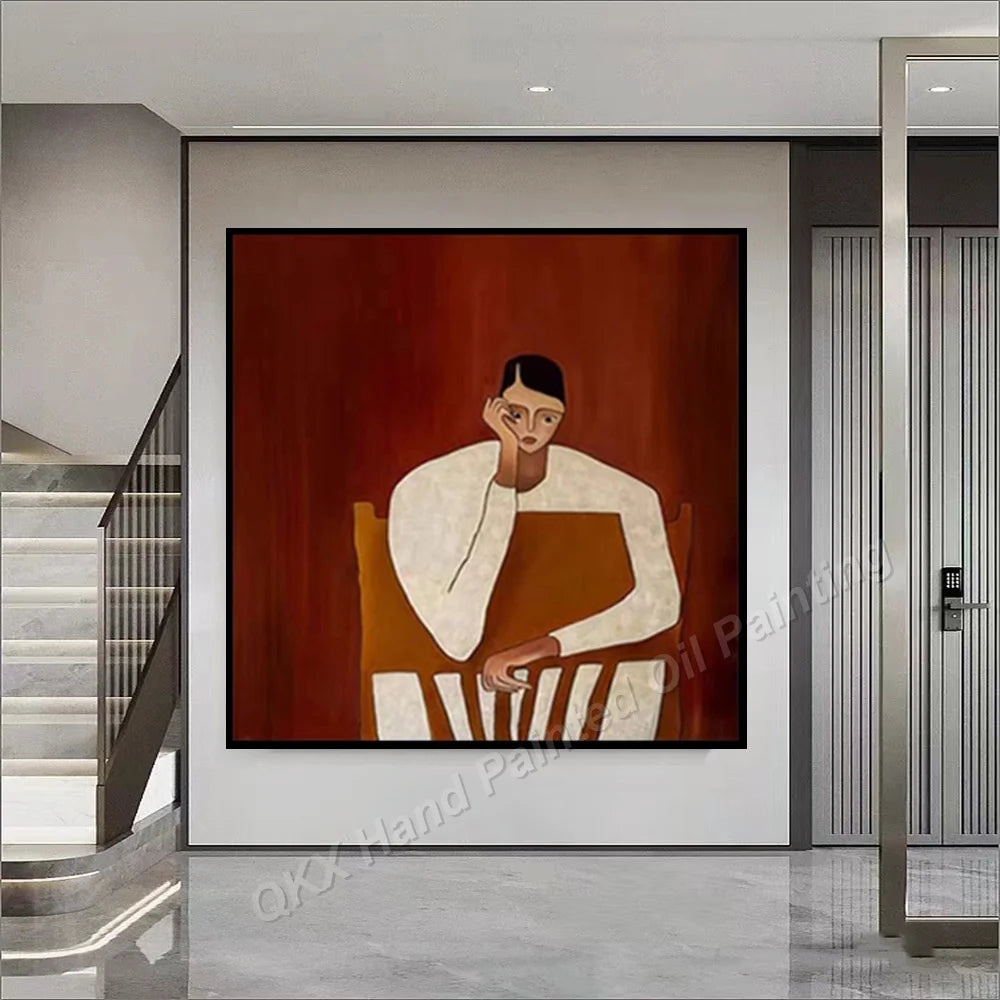 Hand-Painted Oil Painting on Canvas, Macaron Tone Striped Figure Textured Abstract Wall Painting