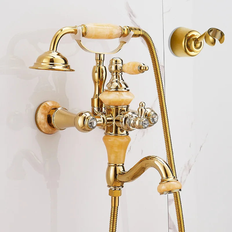 European vintage Brass Bathtub Hot and Cold water faucet with simple triple shower head