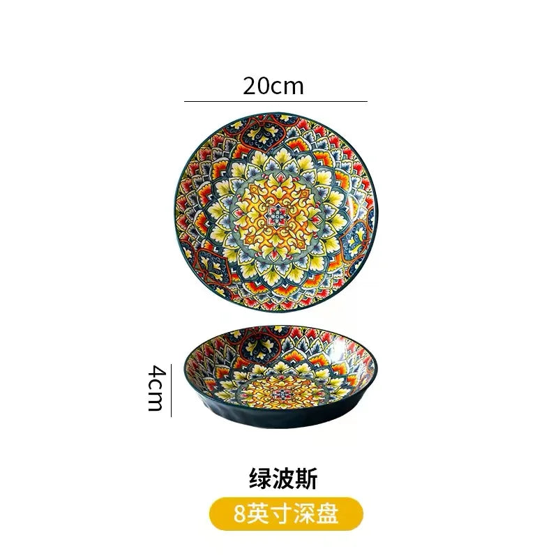 7in or 8in Ceramic Plates Household Retro Tableware Pasta Steak Plate Breakfast Dumpling  Fruit Plate