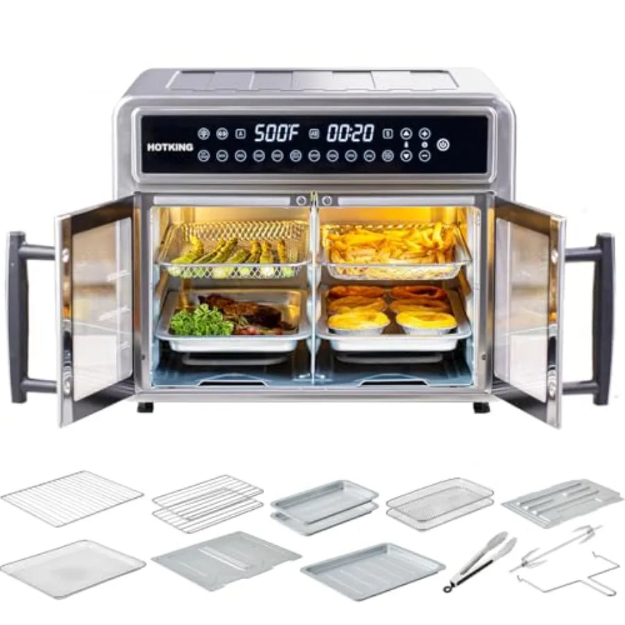 28 QT Dual-Zone Air Fryer Toaster Oven Combo with Stainless Steel Exterior French Door Design Window View Racks Rotisserie Dehy