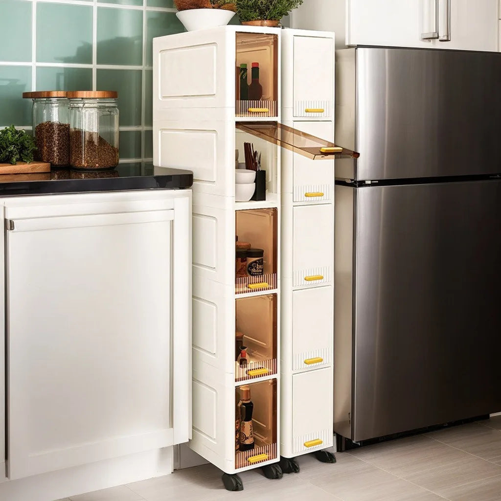 20cm Slim Storage Cabinet, 3/4/5-Tier Narrow Rolling Organizer with Wheels, Space-Saving Shelf White Multi-Purpose Storage