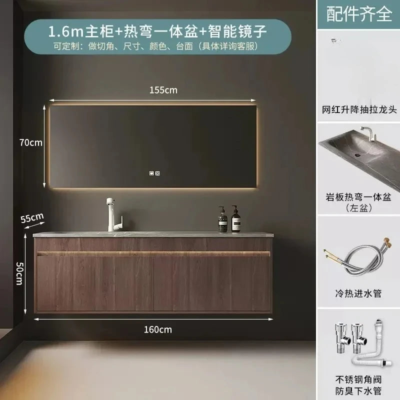 Light Luxury Vanity, Modern Solid Wood Bathroom Sink Cabinet, Rock Slab Integrated Washbasin