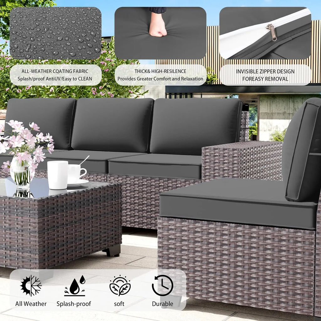 6 PCS Outdoor Patio Rattan Wicker Sectional Sofa Set with Coffee Table & Thickened Cushions,