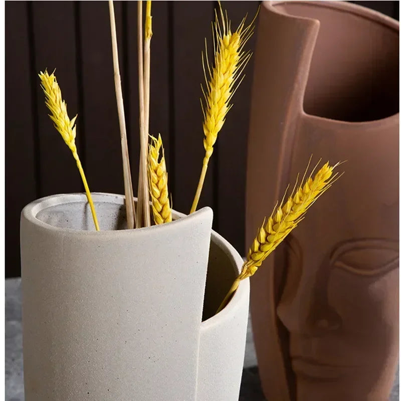 Sculptured Ceramic Human Face Art Vase