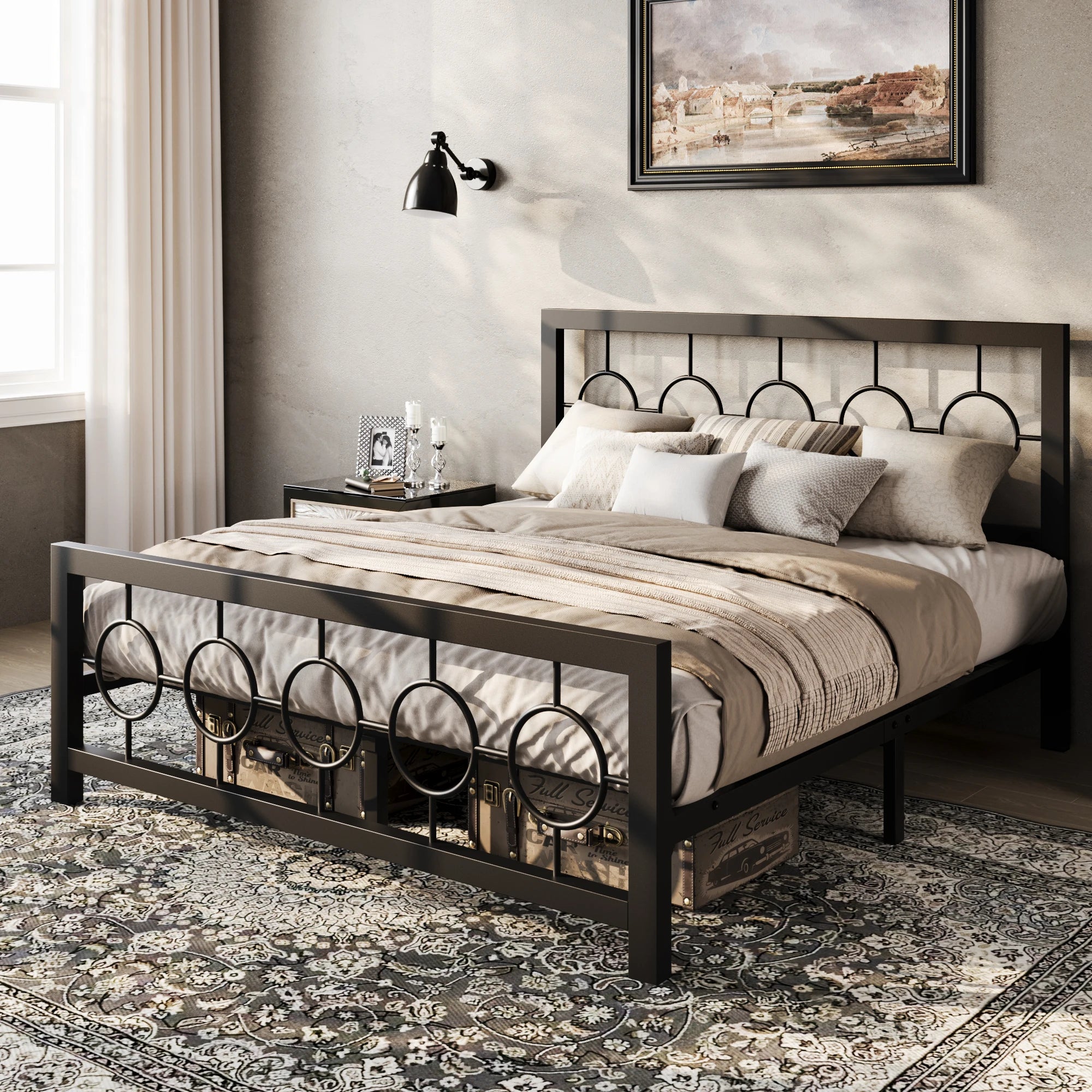 HOOMIC Metal Platform Bed Frame with Vintage Circular Design Headboard and Footboard