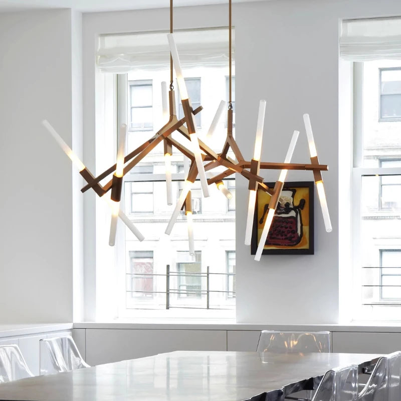 Nordic Postmodern Restaurant Chandelier Living Room Light Frosted Glass Black Gold Herringbone Branch Light