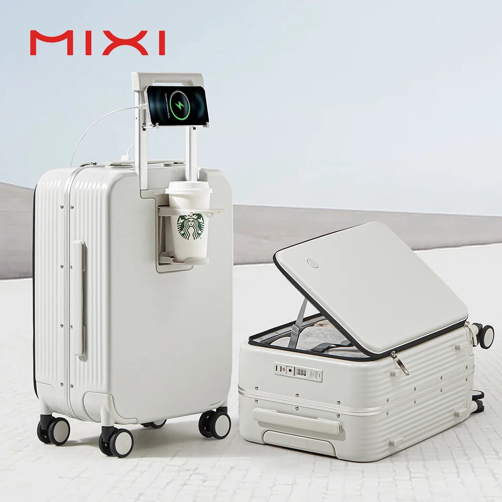 Mixi New Aluminum Frame Suitcase Carry On Rolling Luggage with USB Port, Boarding Cabin Cup, and Phone Holder