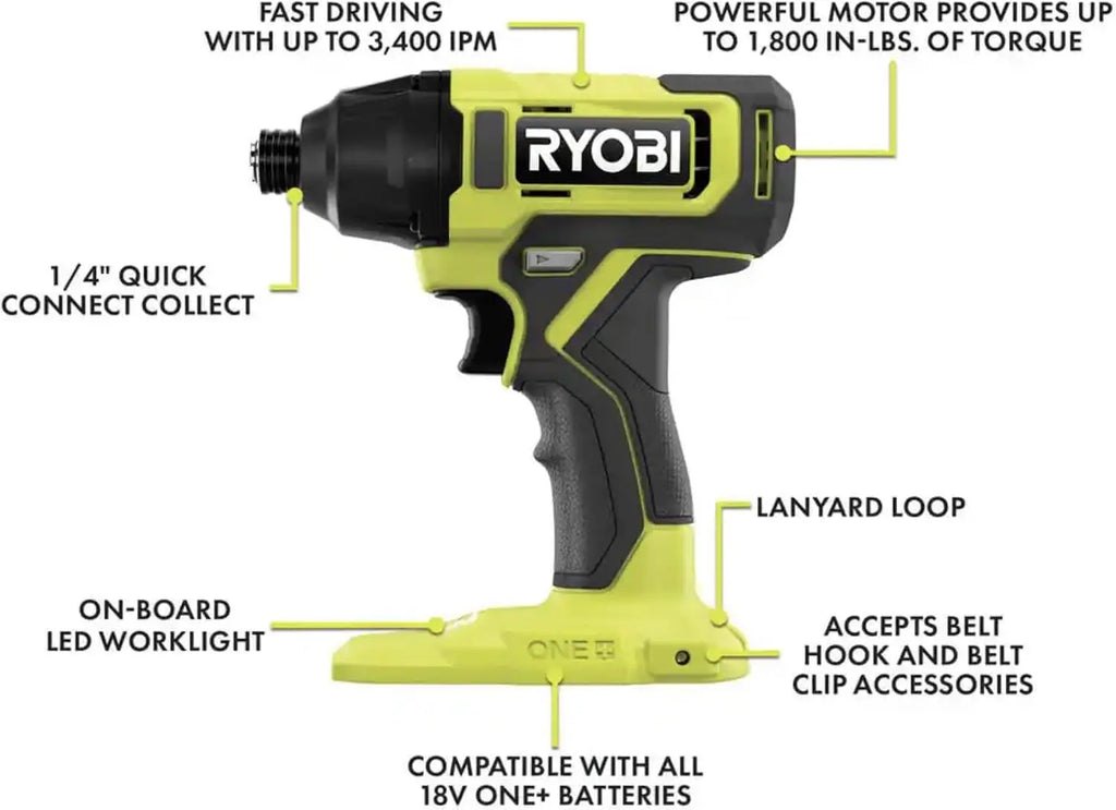 6 Power Tools Combo Kit Bundle with Tool Bag, and Holster, 6 Ryobi Tools, 2 Batteries, Charger, and 40 Piece Drill Bit Set