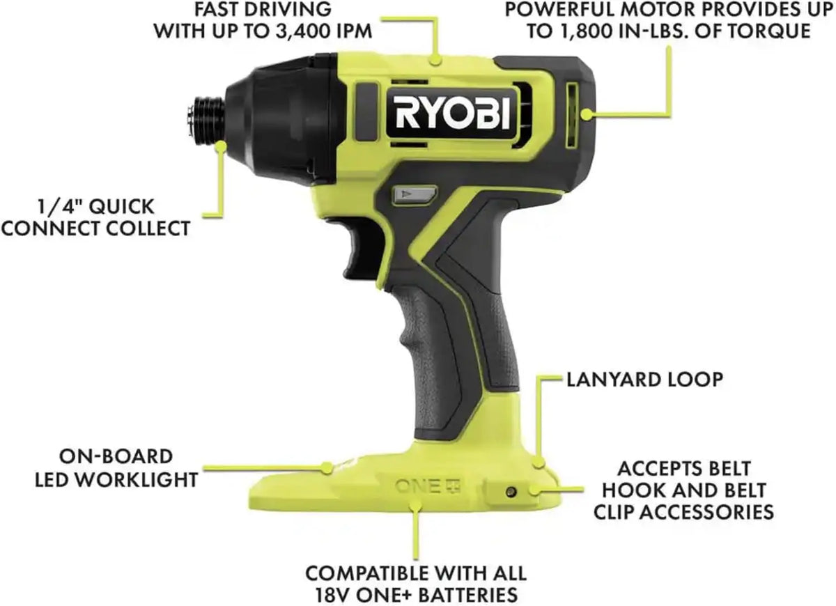 6 Power Tools Combo Kit Bundle with Tool Bag, and Holster, 6 Ryobi Tools, 2 Batteries, Charger, and 40 Piece Drill Bit Set