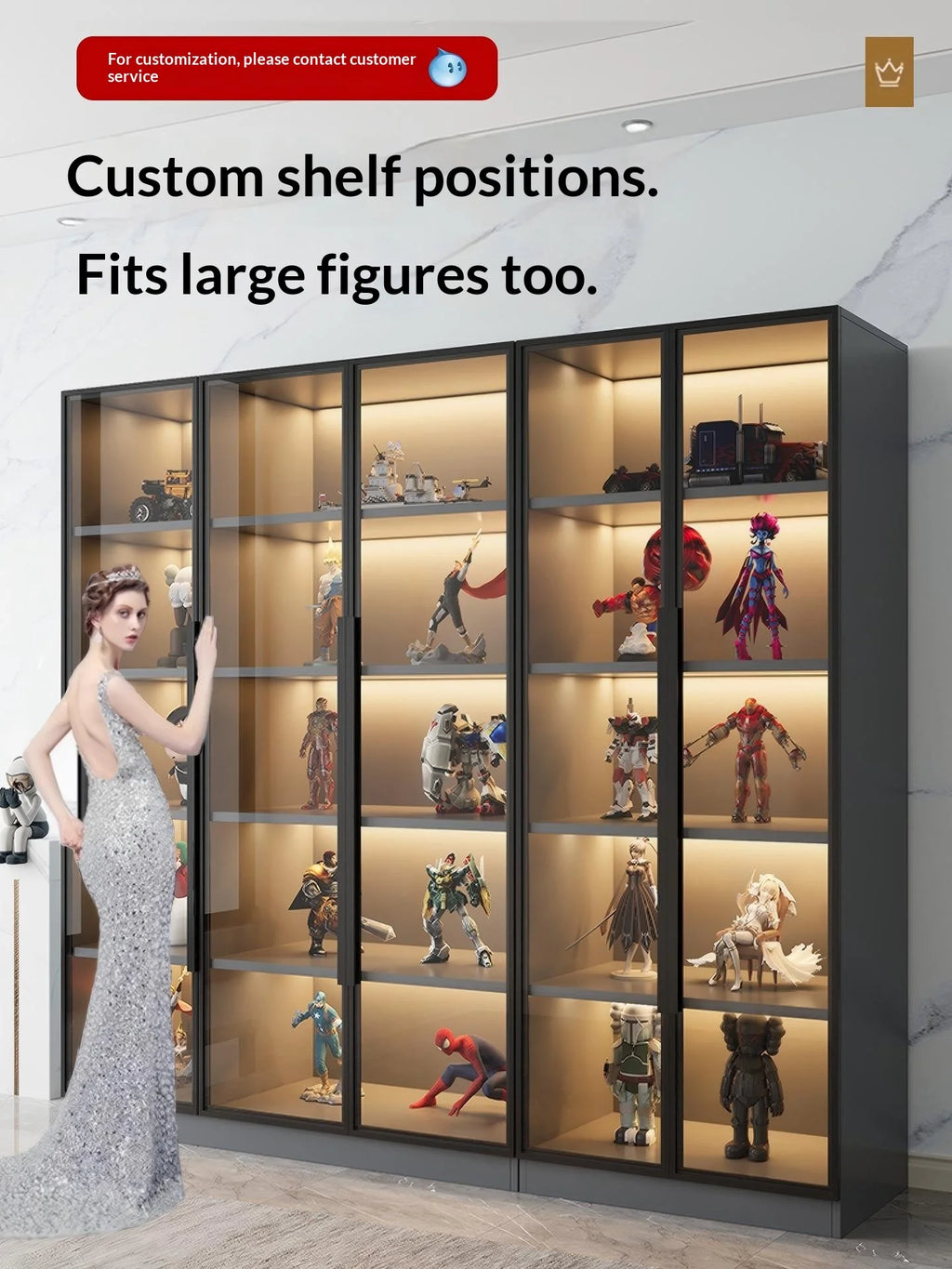 Customizable Display Cabinet, Tempered Glass Door, LED Light, Aluminum Frame