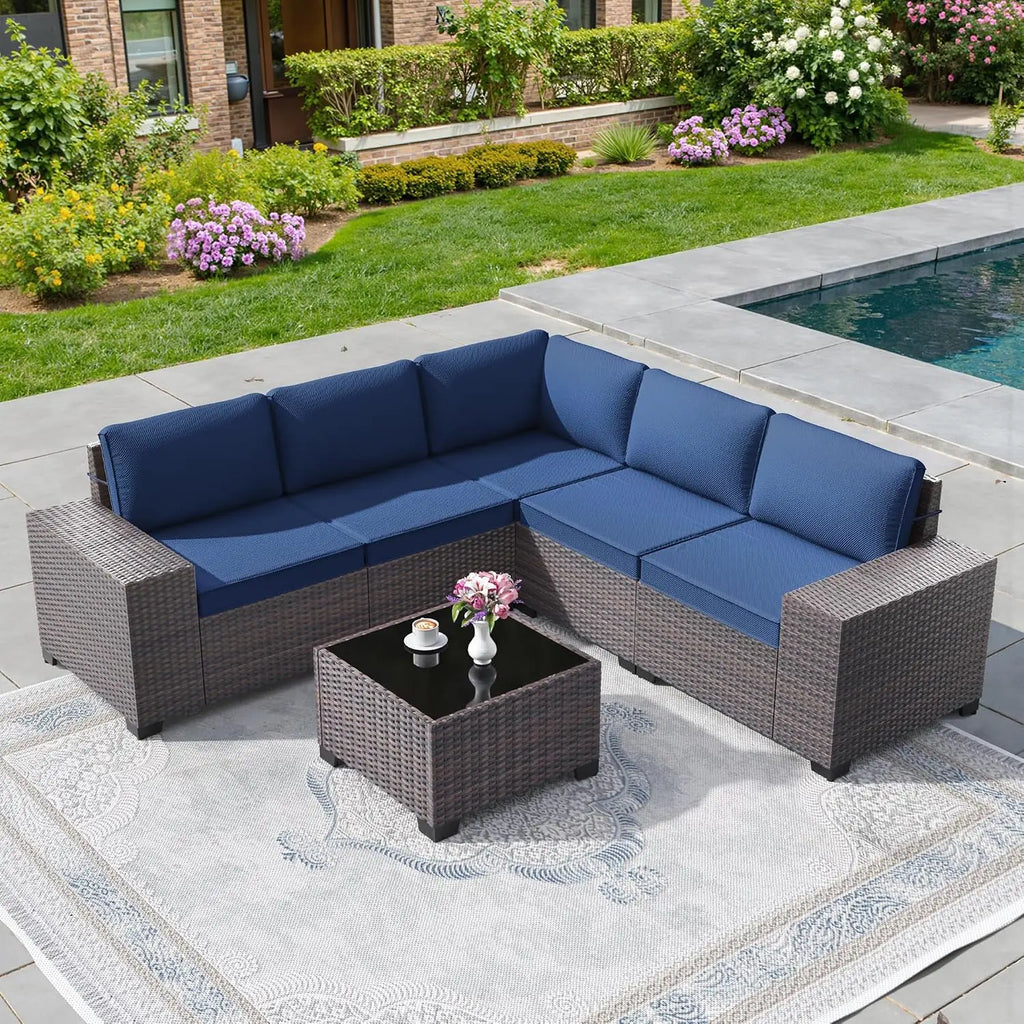 6 PCS Outdoor Patio Rattan Wicker Sectional Sofa Set with Coffee Table & Thickened Cushions,