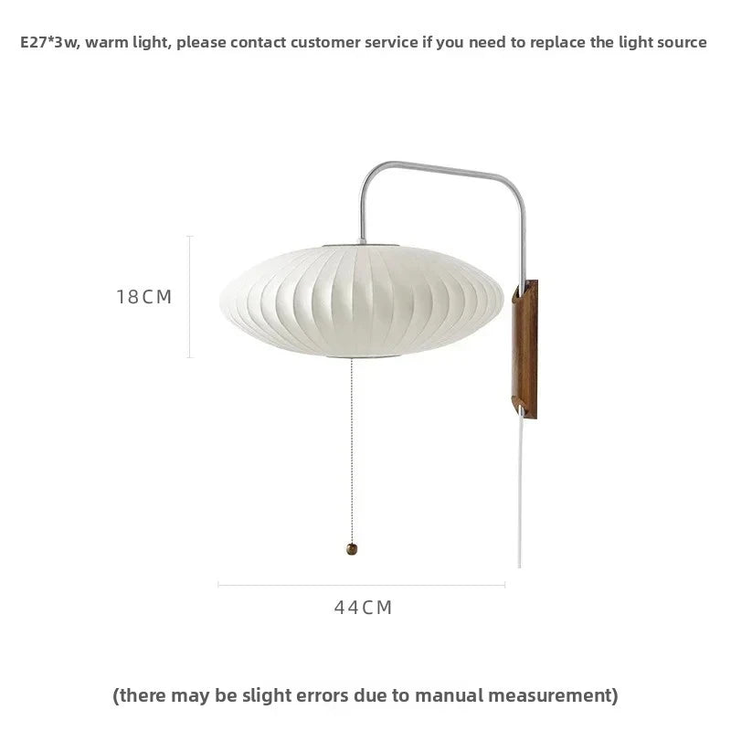 Modern Japanese Style Wall Lamp with Pull Chain Walnut Wood Base Silk Shade LED