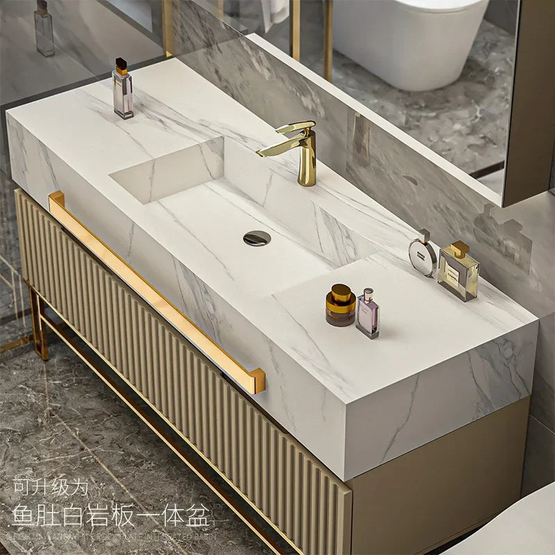 Luxury Bathroom Vanity with Single/Double Slab Ceramic Sink Bathrooms Vanity Smart LED Light Cabinet Sink Bathroom Furniture Set