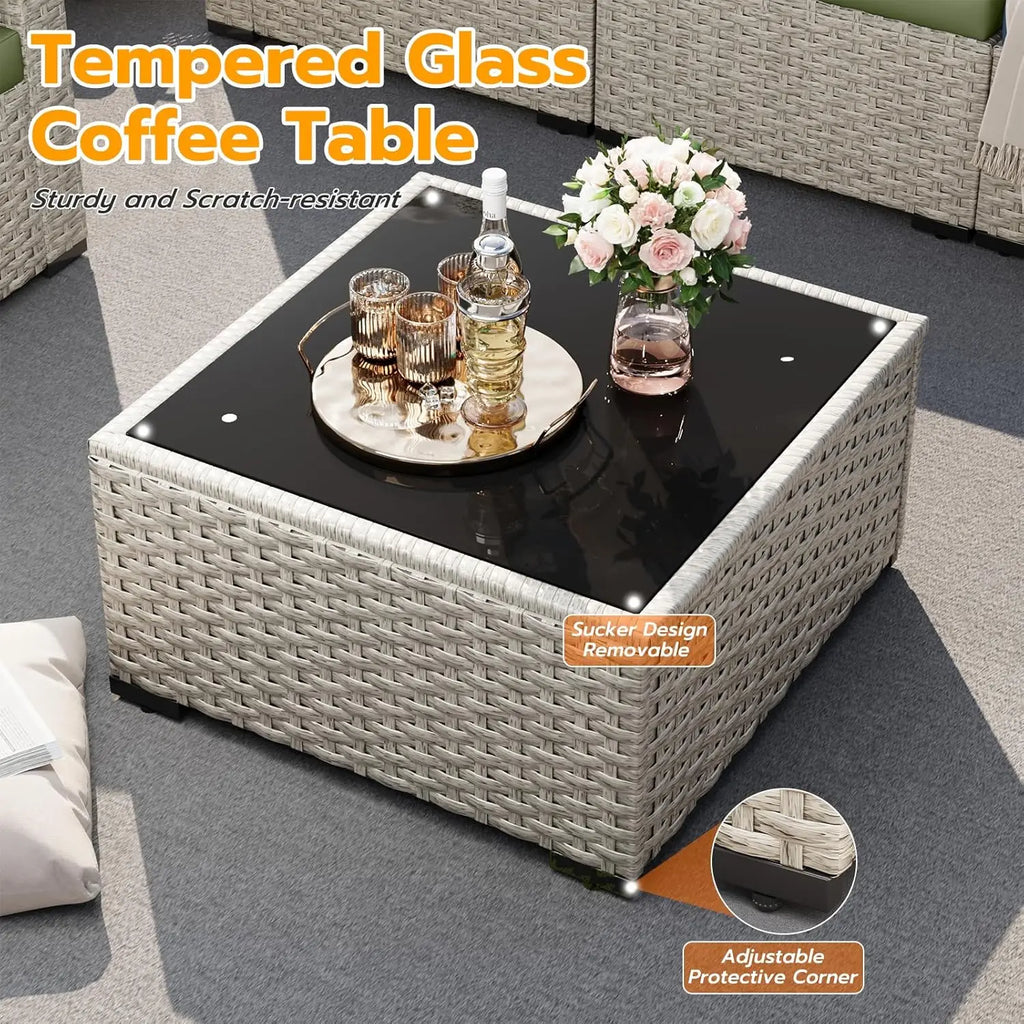Outdoor Patio Furniture Set, 7 Pcs PE Wicker Sectional Sofa with Tea Table,