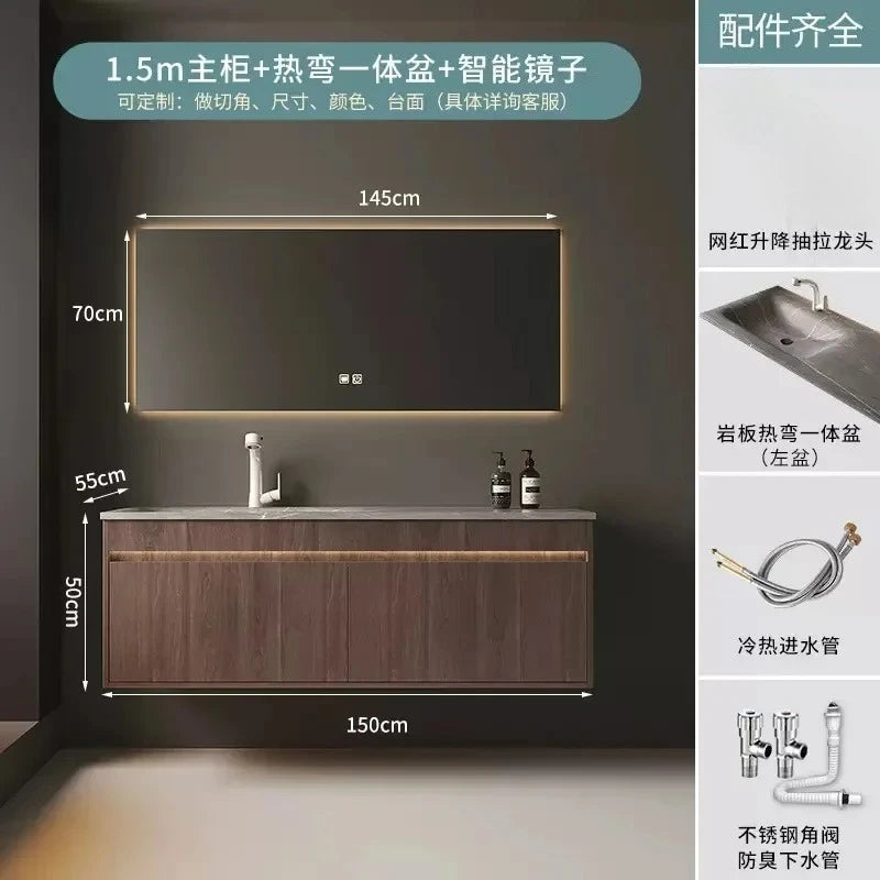 Light Luxury Vanity, Modern Solid Wood Bathroom Sink Cabinet, Rock Slab Integrated Washbasin