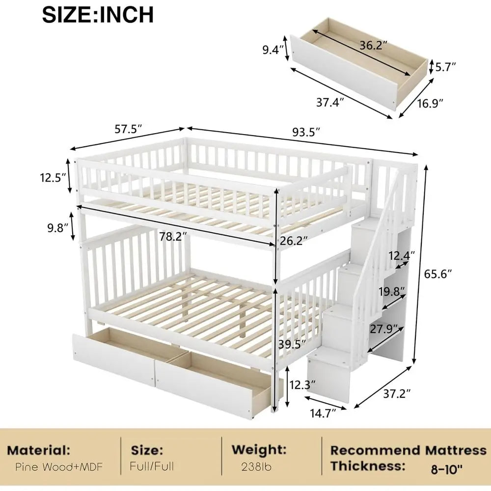 White Wooden Full- size Bunk Beds with Desks, Stairs, and Storage