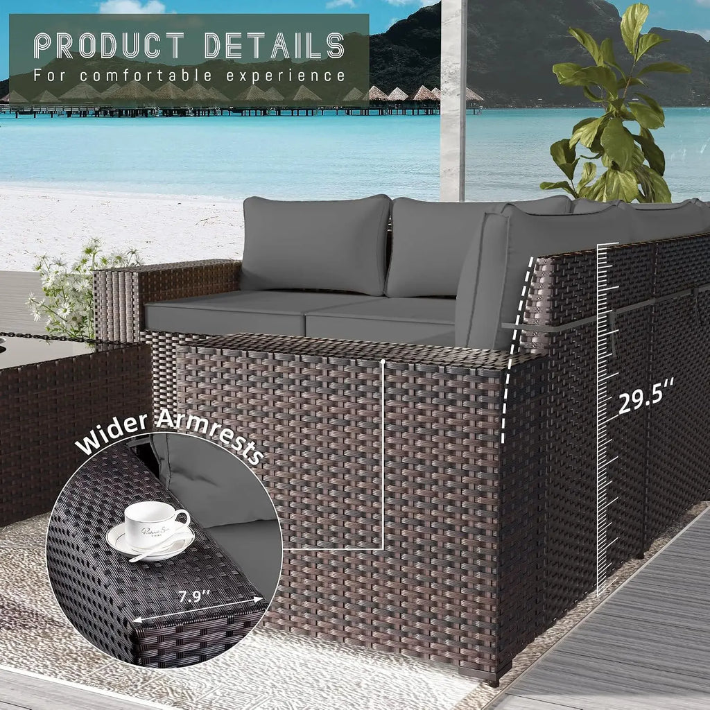 6 PCS Outdoor Patio Rattan Wicker Sectional Sofa Set with Coffee Table & Thickened Cushions,