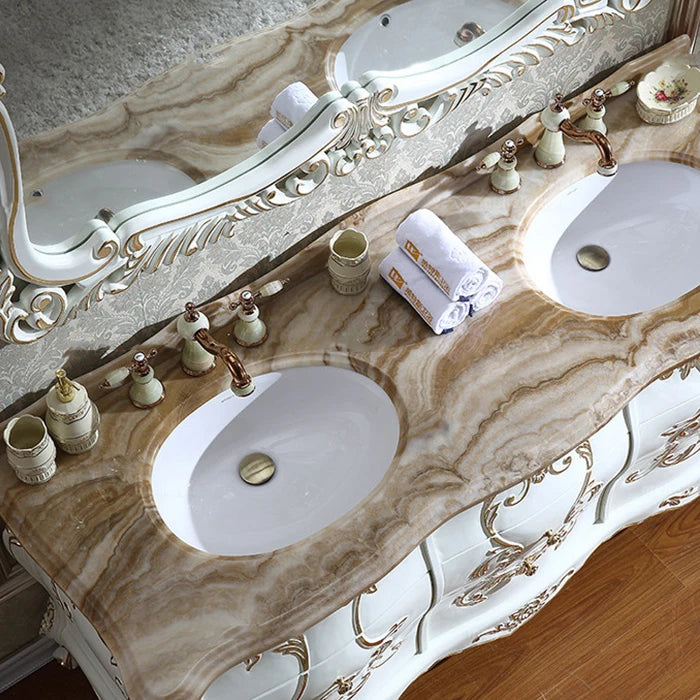 European Style Bathroom Vanity Cabinet, Solid Red Oak Wood Combination Curved Oak Double Basin, Marble Top