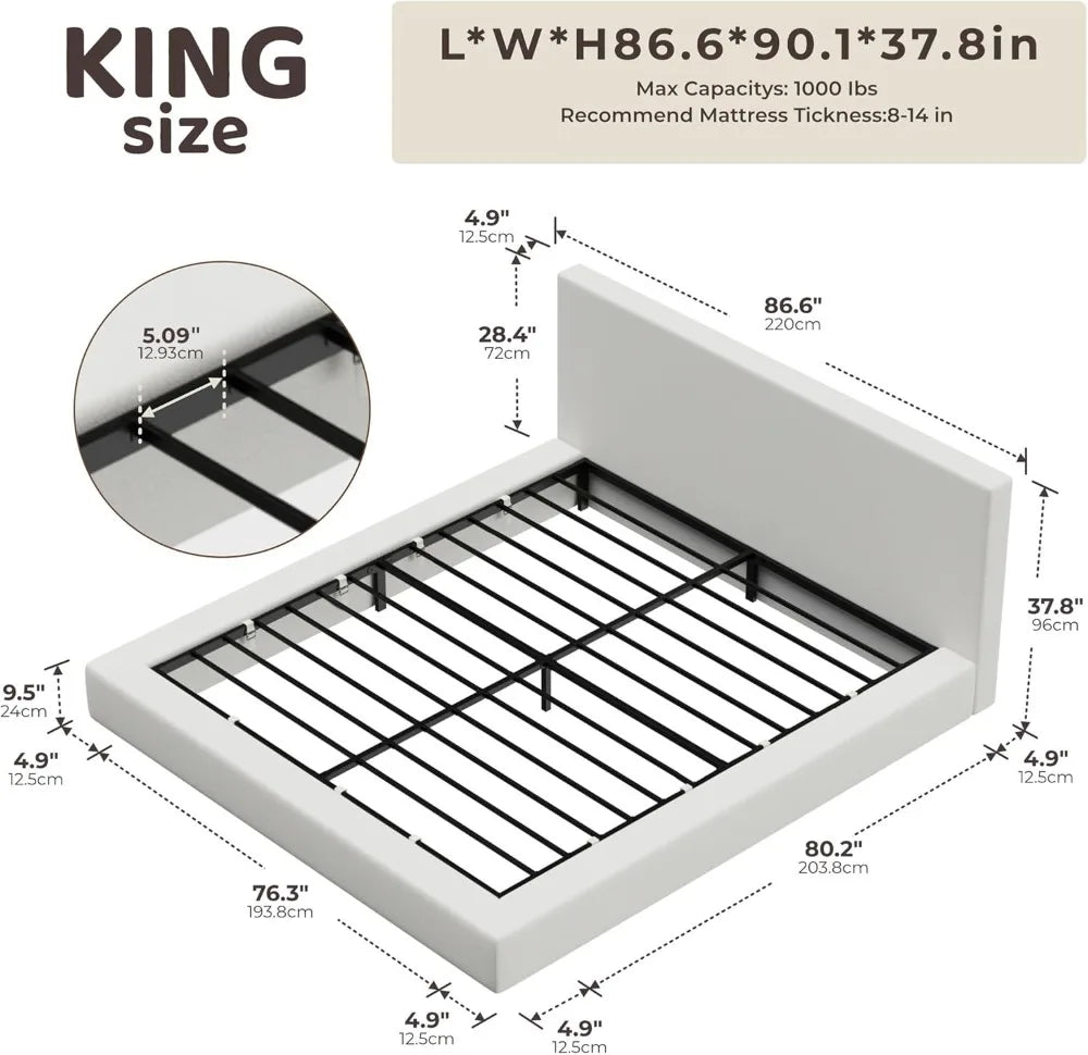 King Size Cloud Platform Bed Frame with Headboard, Upholstered Foam Cushioned Bed, No Box Spring Needed, White