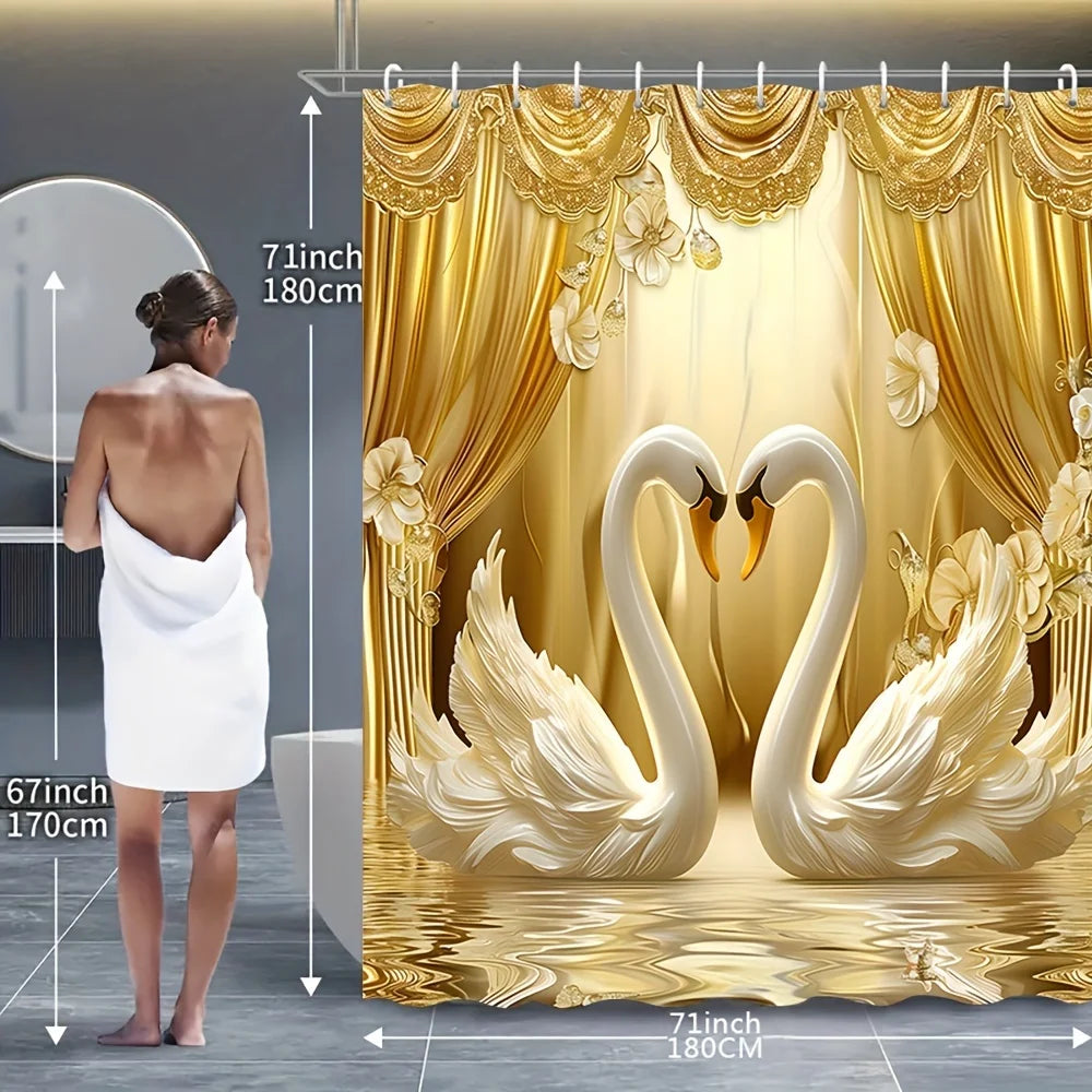 Luxurious Golden Swans and Curtains Bathroom Set - Waterproof Shower Curtain, Toilet Lid Cover, Bath Mat, and Contour Mat