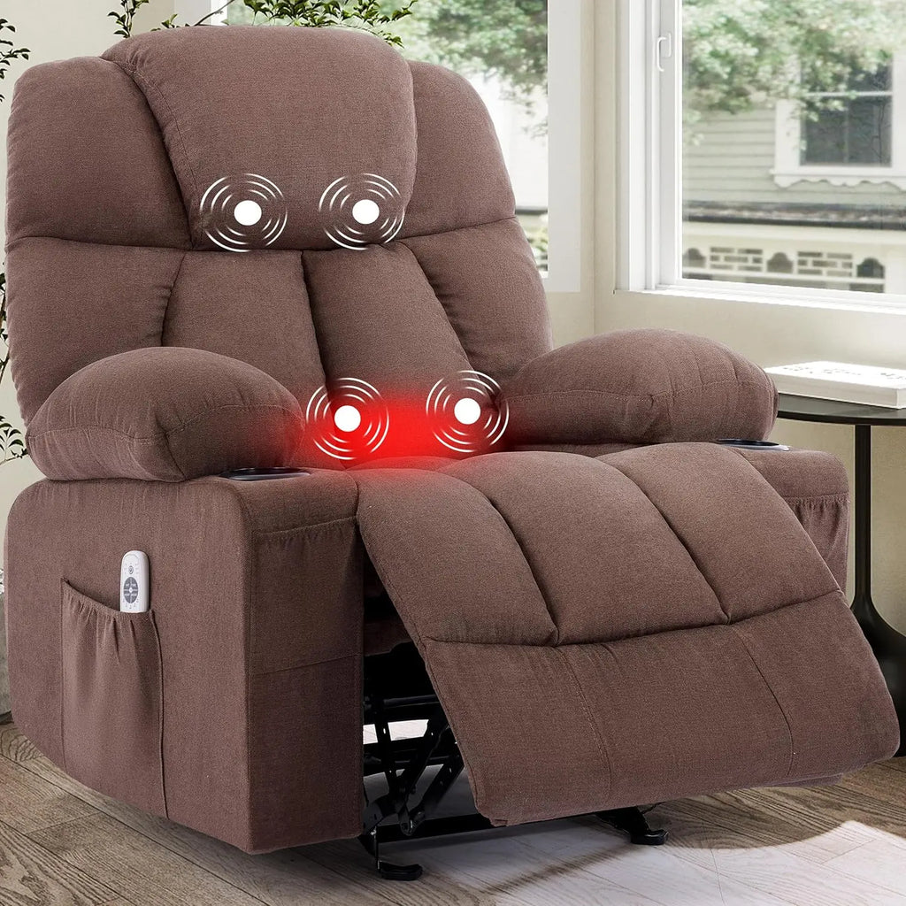 Massage Rocker Recliner Chair with Heat & Vibration, 4 Pockets, 2 Cup Holders, Fabric