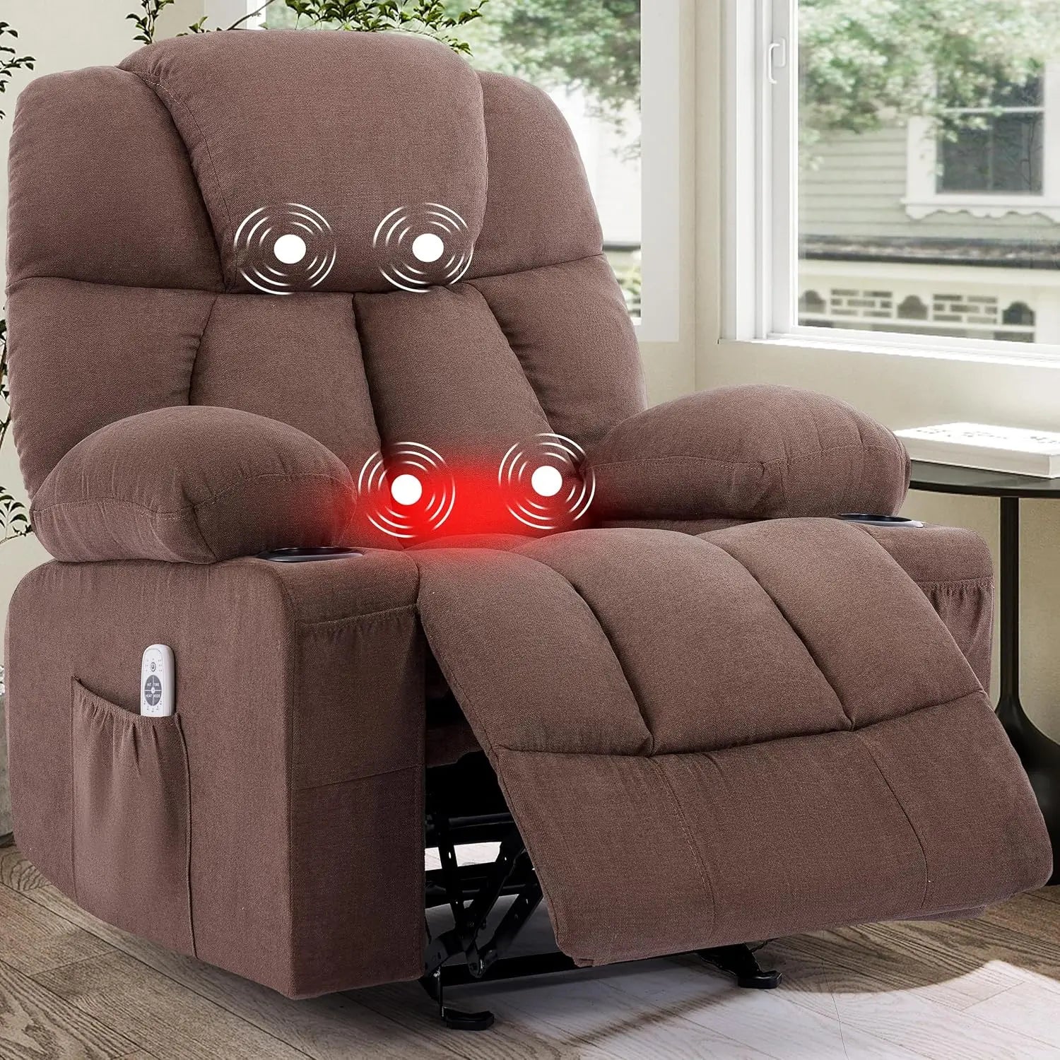 Massage Rocker Recliner Chair with Heat & Vibration, 4 Pockets, 2 Cup Holders, Fabric
