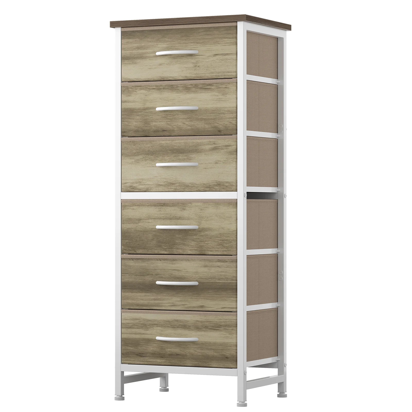 JHK Tall 6 Fabric Drawer Dresser with Wood Top and Metal Frame