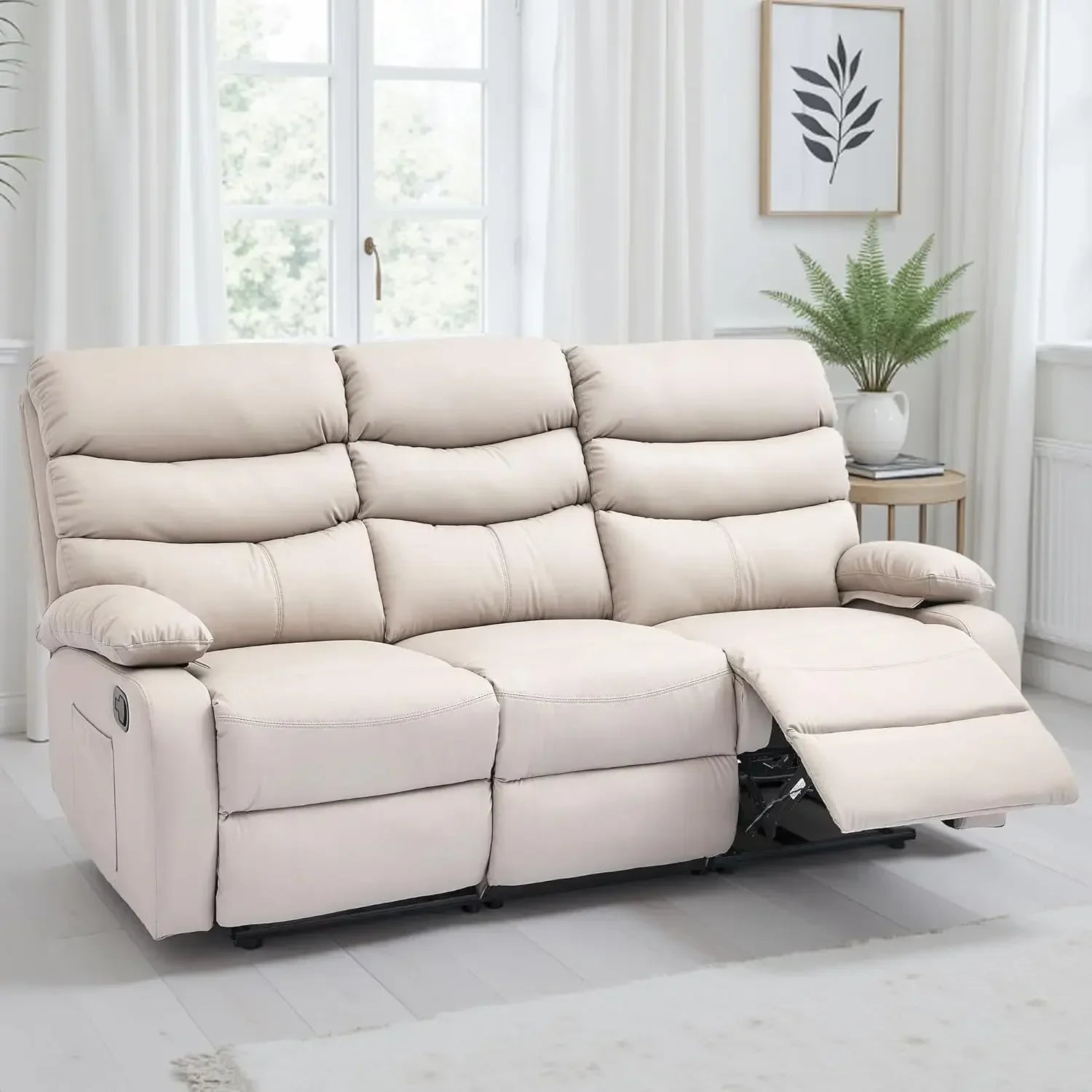 Manual 3 Seat Reclining Sofa Leather 3-Seater Manual Reclining Couch with Overstuffed Arms