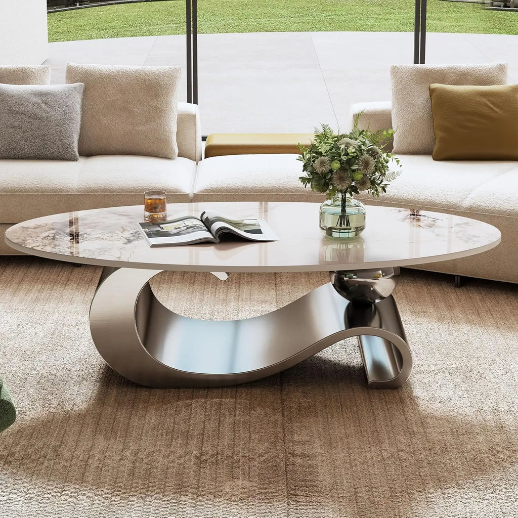 Modern Coffee Table with Silver Stainless Steel Pedestal, Oval Living Room Table with Faux Marble Top