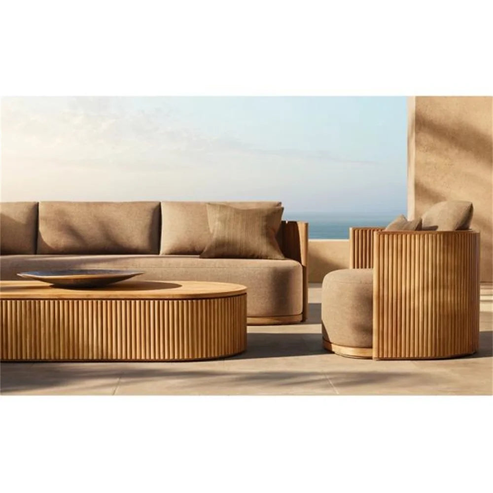 Outdoor patio teak sectional sofa set, Waterproof fabric sofa, table and chair covers, wood frame