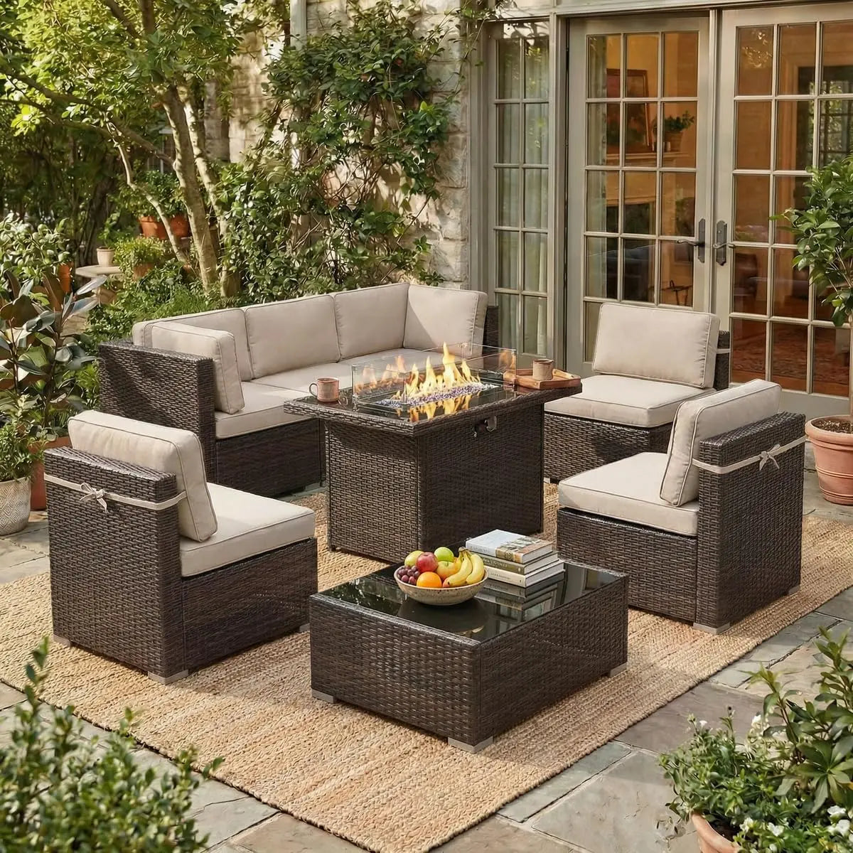 8 Piece Patio Furniture Set with 44" Propane Gas Fire Pit Table,